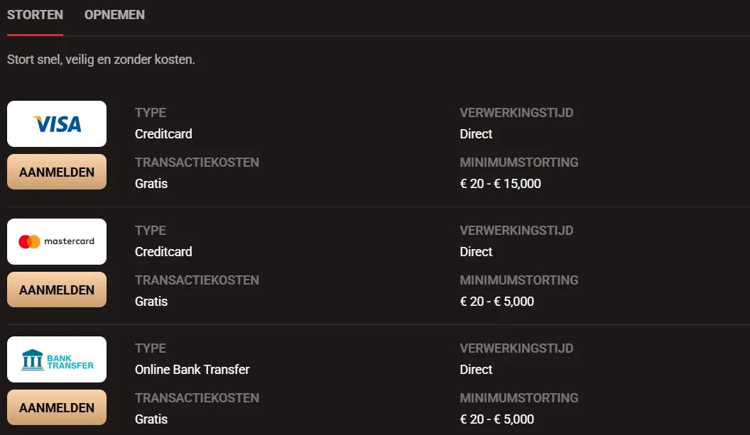 LegionBet casino stortingsmethoden en veilige betalingen