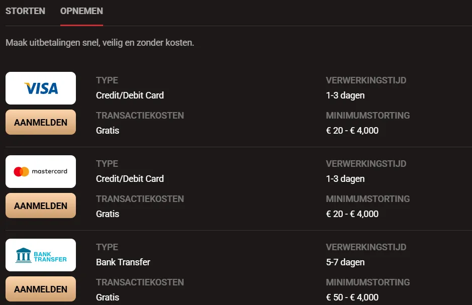 LegionBet casino uitbetalingen en geld opnemen